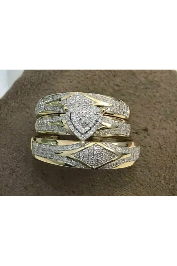 His & Her Trio Wedding Ring Set 14K Yellow Gold Plated Round Cut Cubic Zirconia Silver
