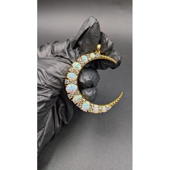 OM Jewels Lab Created Opal Crescent Moon Pendant 14K Yellow Gold Plated for Women