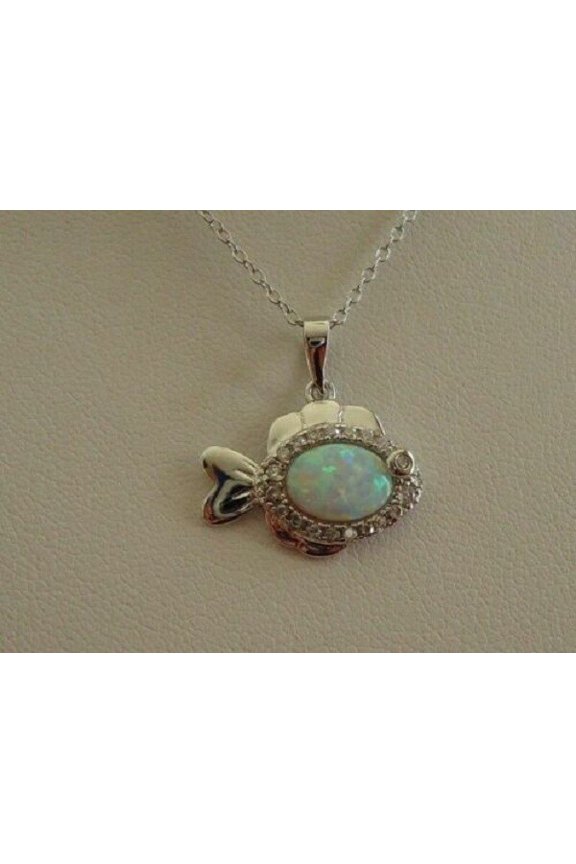 Lab Created Opal Women's Fish Pendant 2Ct Oval Cut 14K White Gold Plated Free Chain