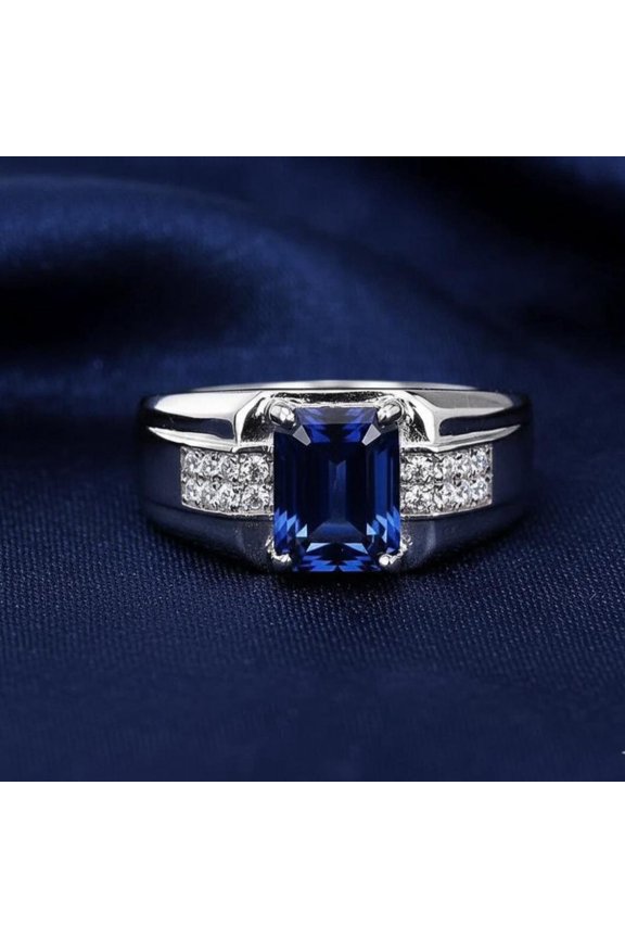 Lab Created Sapphire Emerald Cut Cluster Ring for Men's 14K White Gold Plated