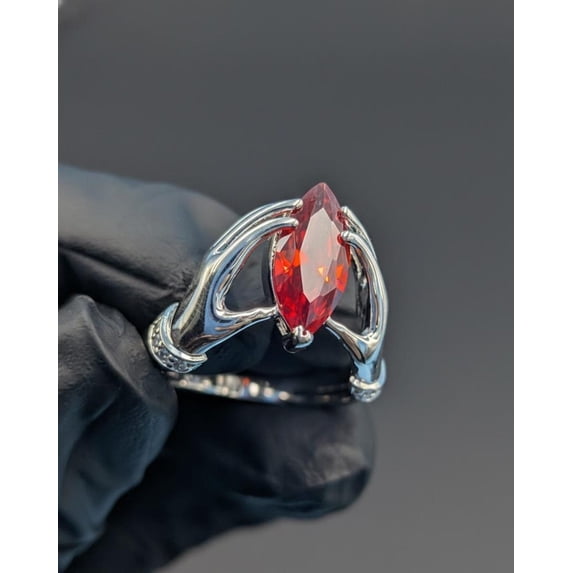OM Jewels Marquise Cut Lab Created Red Garnet Solitaire Classy Wedding Ring 14k White Gold Plated
