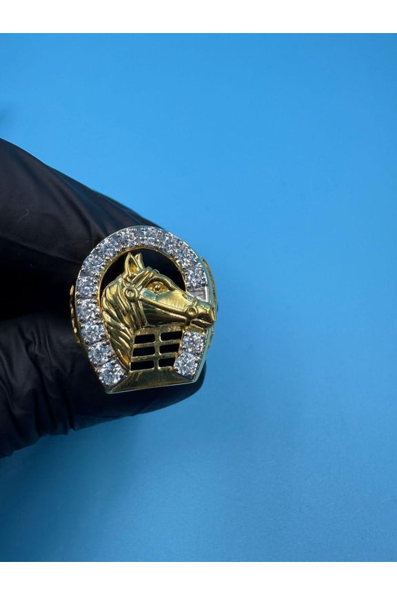 Men's Horse Head Cluster Ring in 1.5ct Moissanite Round Cut 14k Yellow Gold Plated