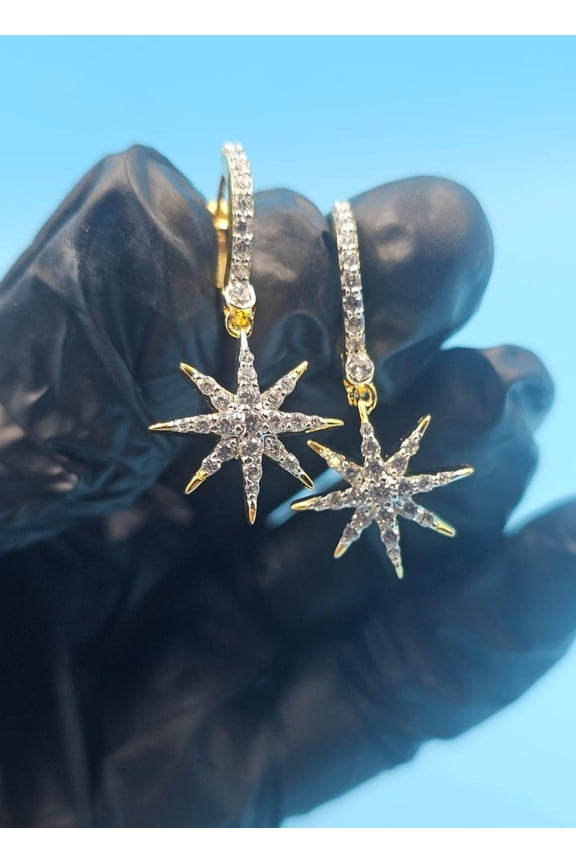 Moissanite Dangle Earrings 14K Yellow Gold Plated Celestial North Star Design
