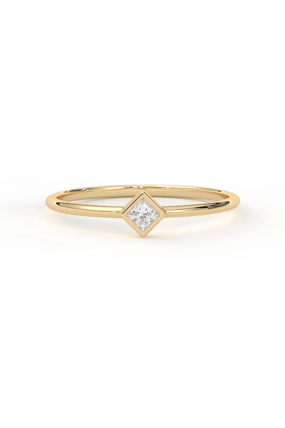 Bezel Set Princess Cut Moissanite Women Solitaire Ring 14K Yellow Gold Plated
