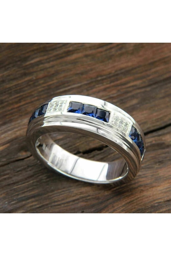 Princess Cut Blue Cubic Zirconia Men's Wedding Ring Set 14K White Gold Finish