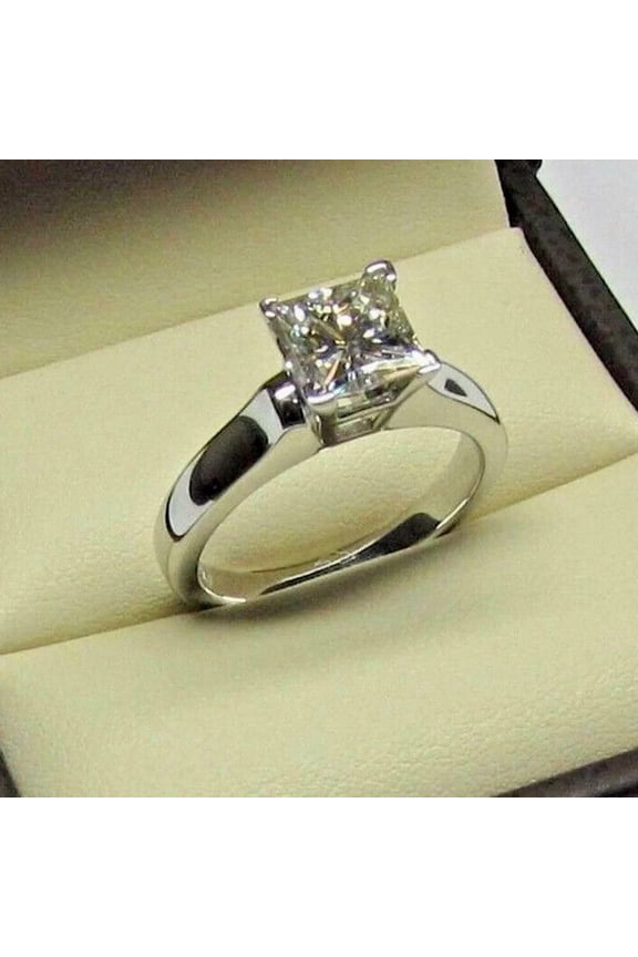 Princess Cut Cubic Zirconia Solitaire Women's Engagement Ring 14K White Gold Finish