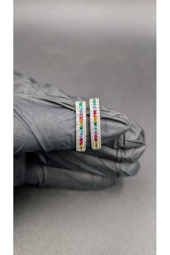 Rainbow Baguette Cut Multicolor Lab Created Diamond Hoop Earrings 14k White Gold Plated