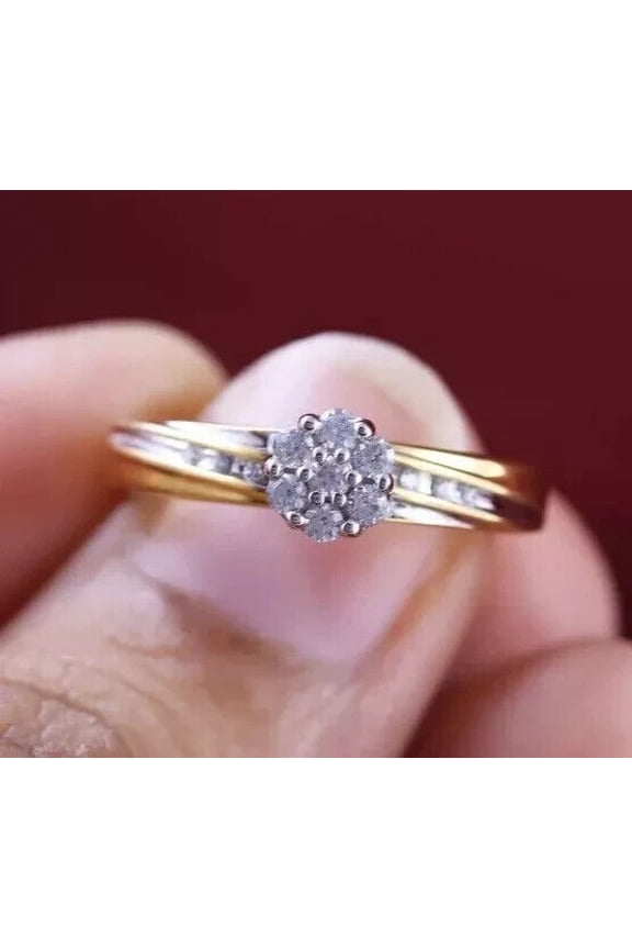 Round Cut Cubic Zirconia Women's Floral Engagement Ring 14K Yellow Gold Finish Silver