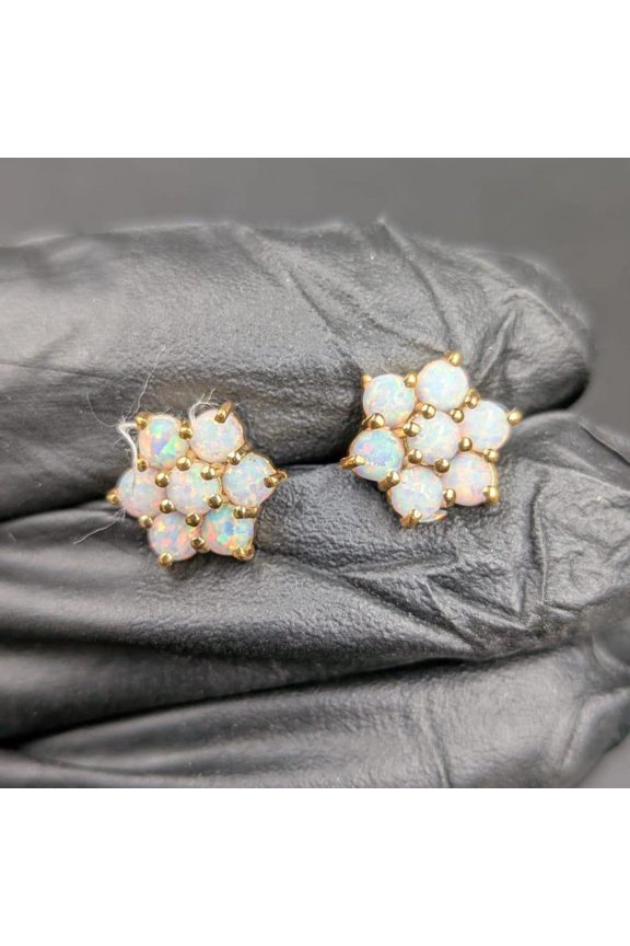 Round Cut Lab Created Opal Flower Studs 14K Yellow Gold Plated Floral Earrings