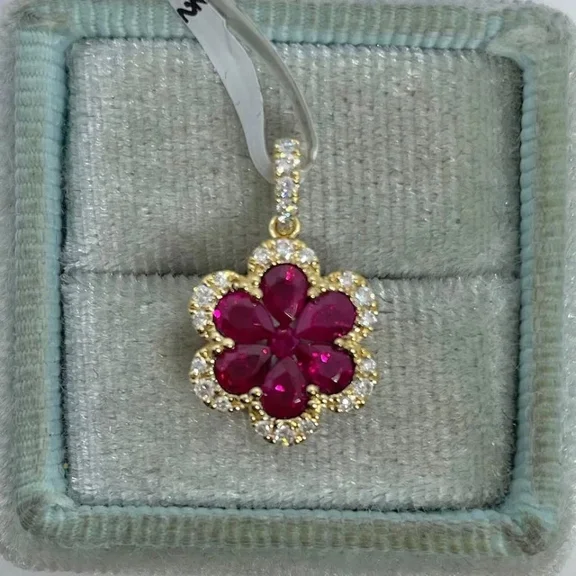 OM Jewels Women 1.90Ct Pear Cut Lab Created Red Ruby Flower Pendant 14K Yellow Gold Plated