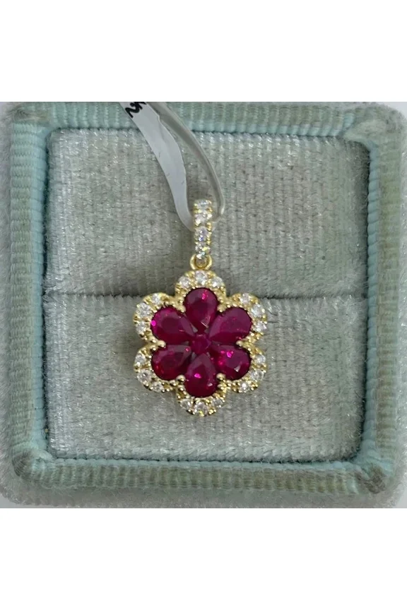 Women 1.90Ct Pear Cut Lab Created Red Ruby Flower Pendant 14K Yellow Gold Plated