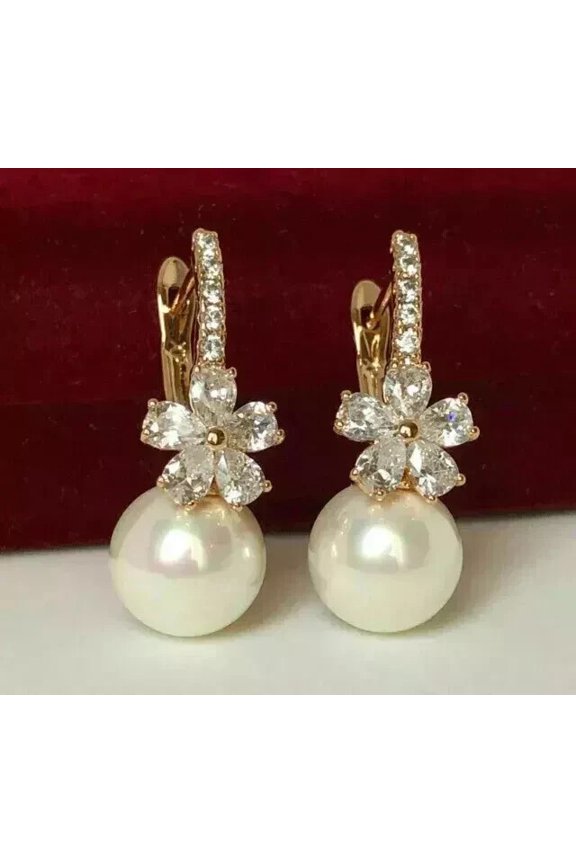 Women 2.30ct Round Cut Pearl Flower Drop Dangle Earrings 14K Yellow Gold Plated