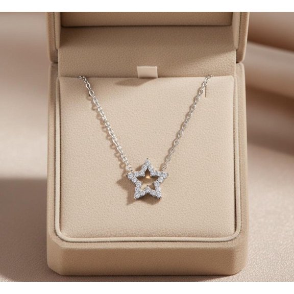 OM Jewels Women Star 1.5ct Moissanite Necklace 14k White Gold Plated Gift for Her