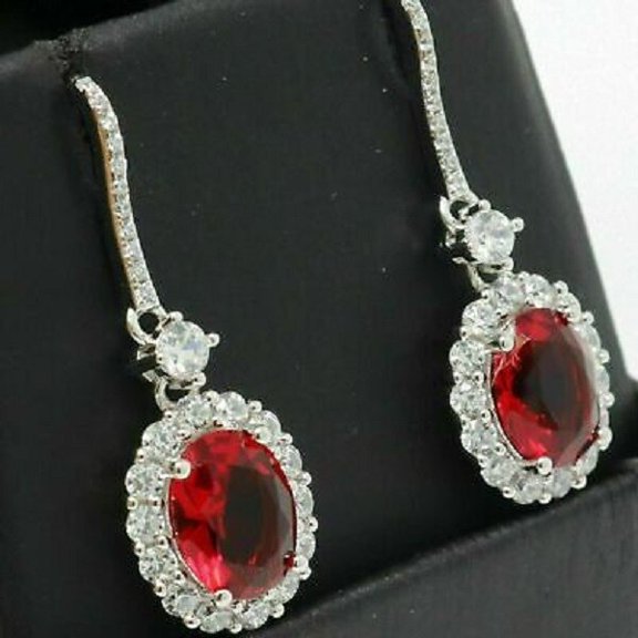 OM Jewels Women's Drop Halo Hook Earrings Lab Created Ruby 2ct Oval Cut 14K White Gold Plated