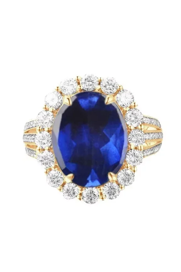 7.15 Carat Lab Grown Blue Tanzanite Ring | Lab Grown Diamond | 14k Yellow Gold | Valentine Day Gift