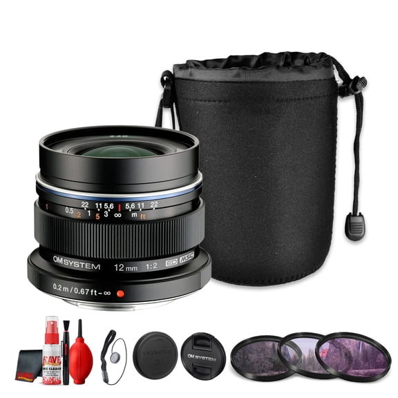 OM SYSTEM M.Zuiko Digital ED 12mm f/2 Lens | Micro Four Thirds 24mm Equivalent Wide Angle Prime | Fast f/2 Aperture | 62mm UV/CPL/FLD Filters | Lens Pouch | Cleaning Kit