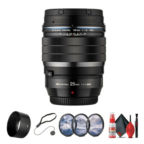 OM SYSTEM M.Zuiko Digital ED 25mm f/1.2 PRO Lens Bundle Including: 3-Piece Filter Kit, Lens Hood, Full Cleaning Kit, Cap Keeper