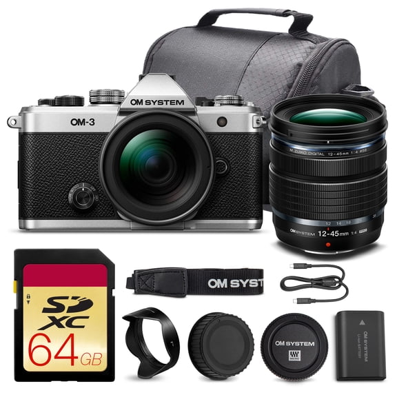 OM SYSTEM OM-3 Mirrorless Camera with 12-45mm f/4 PRO Lens | 20MP Stacked BSI Sensor, 5-Axis IBIS, 4K60p, 120fps High-Speed Burst, IP53 | 64GB Card + Camera Bag