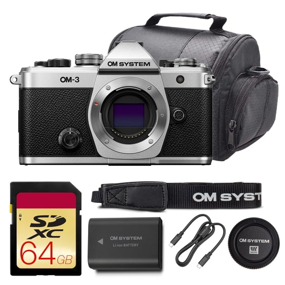 OM SYSTEM OM-3 Mirrorless Camera (Body Only) | 20MP Stacked BSI Sensor, 5-Axis IBIS, 4K60p, 120fps High-Speed Burst, IP53 Weather-Sealed | 64GB Card + Camera Bag