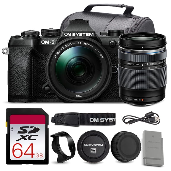 OM SYSTEM OM-5 Mark II Mirrorless Camera with 14-150mm f/4-5.6 II Lens (Black) | 20MP Sensor, 5-Axis IBIS, Weather-Sealed IP53, 4K Video | 64GB Card + Battery + Camera Bag