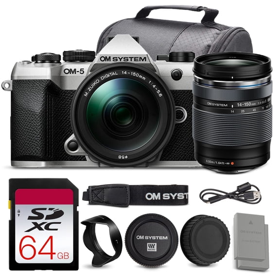 OM SYSTEM OM-5 Mark II Mirrorless Camera with 14-150mm f/4-5.6 II Lens (Silver) | 20MP Sensor, 5-Axis IBIS, Weather-Sealed IP53, 4K Video | 64GB Card + Battery + Camera Bag