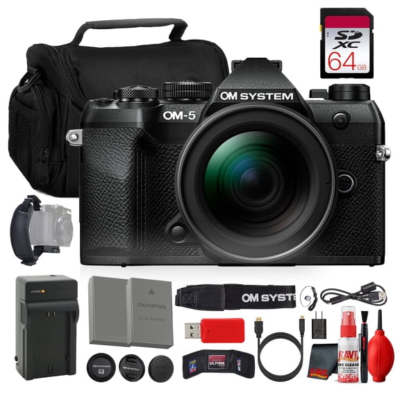 OM SYSTEM OM-5 Mark II Mirrorless Camera Black 20.4MP | 121-Point AF, UHD 4K Video, 5-Axis Stabilization, Weather Sealed | 12-45mm f/4 PRO Lens, 64GB SD Card, Battery, Charger, Filters, Travel Bag