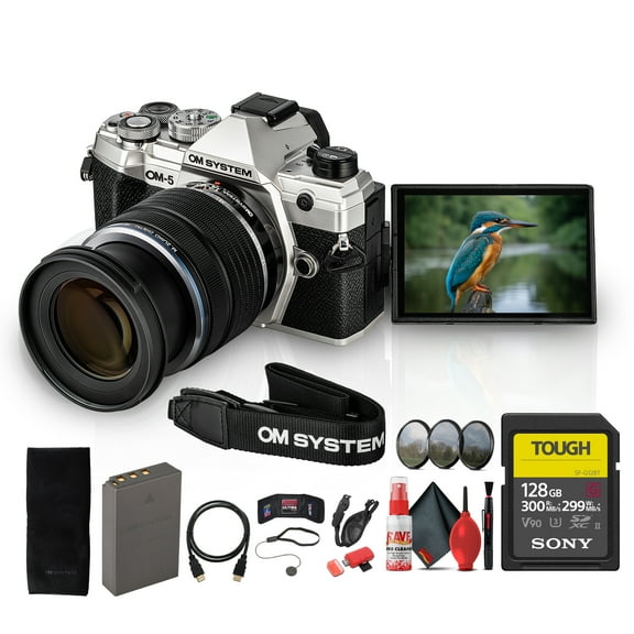 OM SYSTEM OM-5 Mirrorless Camera with 12-45mm f/4 PRO Lens in Silver Bundle Including: 128 GB Memory Card, 3-Piece Filter Kit, Shoulder Strap, Cleaning Kit, Card Reader, Storage Wallet, More