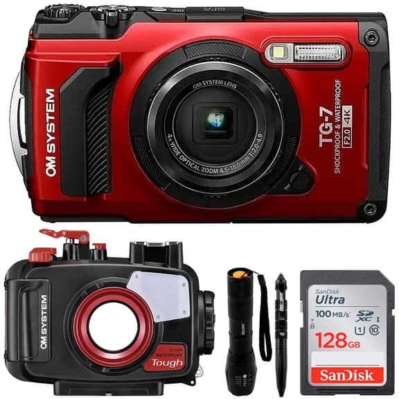 OM SYSTEM Olympus Tough TG-7 12MP 4K 2160p Underwater Digital Camera; Red (V110030RU000) Snorkeling Bundle with PT-059 Underwater Housing + Tactical Flashlight Pen Set + Sandisk 128GB Memory Card