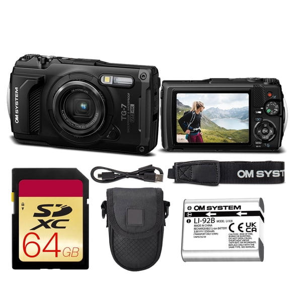 OM SYSTEM Tough TG-7 Black | 12MP BSI CMOS, f/2 Lens, 4K Video | Waterproof 50ft, Shockproof, Freezeproof | GPS Field Sensor + 64GB Memory Card + Case