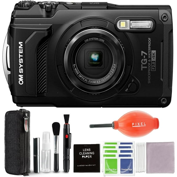 OM SYSTEM Tough TG-7 Black Underwater Camera, Waterproof, Freeze Proof, High Resolution Bright, 4K Video 44x Macro Shooting (Successor Olympus TG-6) with Pixel Advance Accessories & Travel Bundle