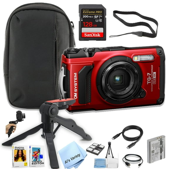 OM SYSTEM Tough TG-7 Digital Camera, 12 MP, 2x Digital Zoom, Waterproof, Red, with 128GB Extreme PRO Memory (Rugged Bundle)