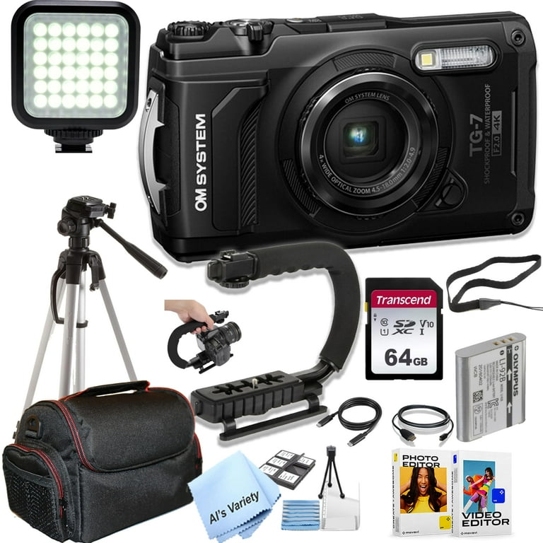 OM SYSTEM Tough TG-7 Digital Camera (Black), 64GB SD Card and More
