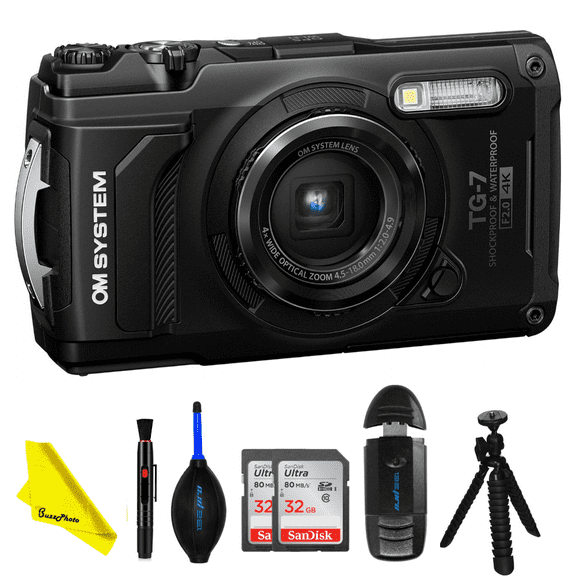 OM SYSTEM Tough TG-7 Digital Camera (Black) - BuzzPhoto Basic Bundle