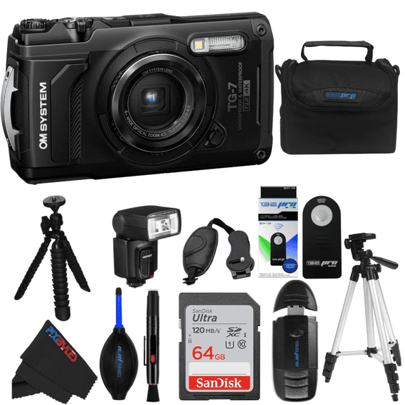 OM SYSTEM Tough TG-7 Waterproof 8x Digital Zoom 12 MP BSI CMOS Point and Shoot Digital Camera Bundle with PixiBytes Deluxe Bundle, Black, 1