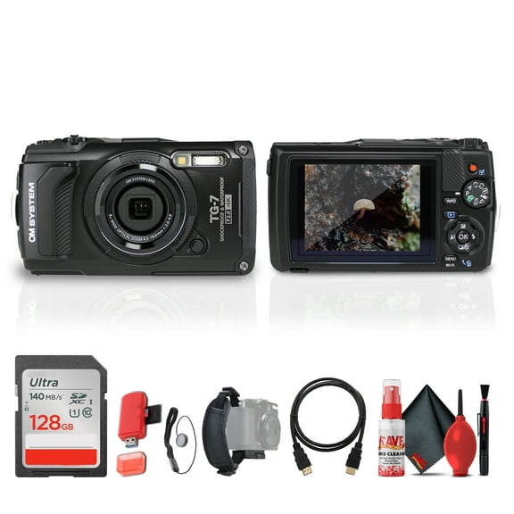 OM SYSTEM Tough TG-7 Digital Camera (Black) (V110030BU000) Bundle Including: 128 GB Memory Card, HDMI Cable, Card Reader, Hand Strap, Cap Keeper, Full Cleaning Kit