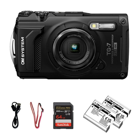 OM SYSTEM Tough TG-7 Digital Camera - Black | Waterproof 12MP Outdoor Adventure Camera w/ 4K Video, Travel Camera for Hiking, Snorkeling w/ Extra Rechargeable Li-ion Battery & 64GB Memory Card Bundle
