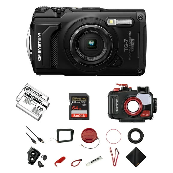 OM SYSTEM Tough TG-7 Digital Camera with Built-In Wi-Fi & GPS - Black | 12MP Adventure Camera with PT-059 Underwater Housing, Extra LI-92B Rechargeable Battery & 64GB Extreme Pro SD Card Bundle Set