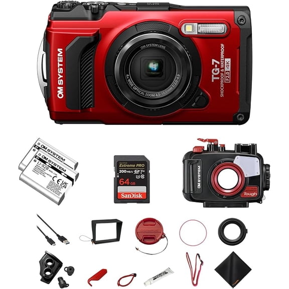 OM SYSTEM TG-7 12MP Waterproof Digital Camera Bundle, Outdoor Adventure Camera with Built-In Wi-Fi , GPS, Red