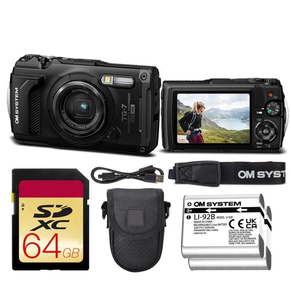 OM SYSTEM Tough TG-7 Digital Camera Bundle, Black | 12MP, f/2 Lens, 4K Video, Waterproof, Shockproof, Freezeproof | 64GB Card + Case + Battery