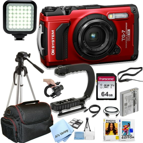 OM SYSTEM Tough TG-7 Digital Camera (Red) + 64Gb Memoey + U-Grip Stabilizer + Case + Tripod + LED Video Light + More (Video Bundle)