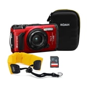 OM SYSTEM Tough TG-7 Digital Camera Red Bundle with 128GB Memory Card, Floating Camera Strap and Case