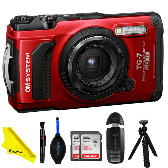 OM SYSTEM Tough TG-7 Digital Camera (Red) - BuzzPhoto Basic Bundle