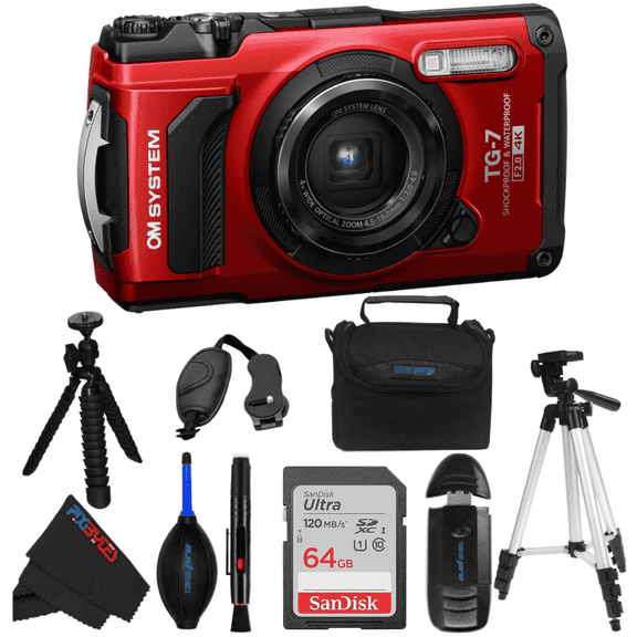 OM SYSTEM Tough TG-7 Waterproof 12 MP BSI CMOS Point & Shoot Digital Camera with Deluxe Bundle, Red, 1