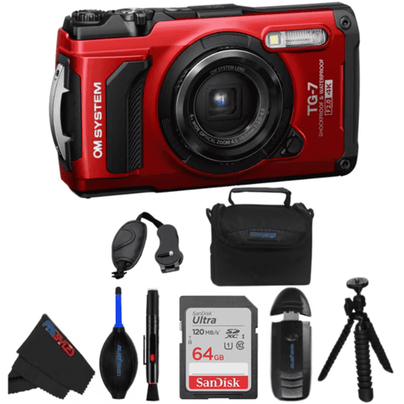 OM SYSTEM Tough TG-7 Waterproof 12 MP BSI CMOS Point & Shoot Digital Camera with Deluxe Bundle, Red, 1