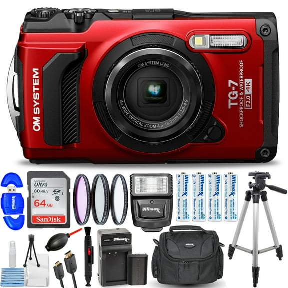 OM SYSTEM Tough TG-7 Digital Camera (Red) V110030RU000 - 15PC Accessory Bundle