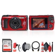 OM SYSTEM Tough TG-7 Digital Camera Red V110030RU000 Bundle Including 128 GB Memory Card, HDMI Cable, Card Reader, Hand Strap, Cap Keeper, Full Cleaning Kit