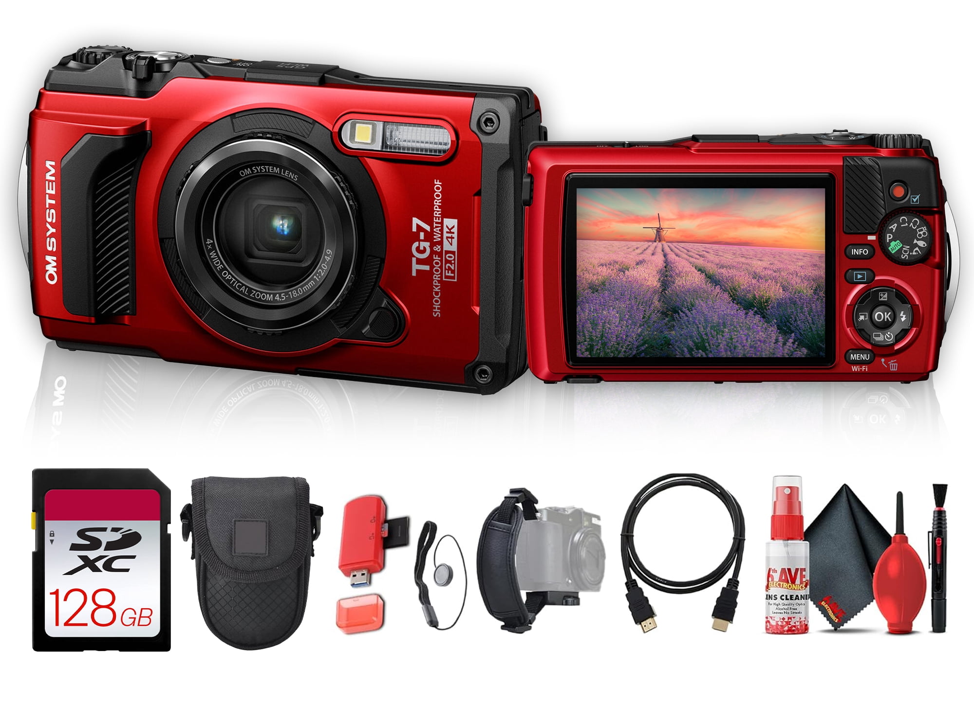 OM SYSTEM Tough TG-7 Digital Camera (Red) (V110030RU000) Bundle