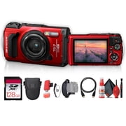 OM SYSTEM Tough TG-7 Digital Camera Red V110030RU000 Bundle Including 128 GB Memory Card, HDMI Cable, Card Reader, Hand Strap, Cap Keeper, Full Cleaning Kit