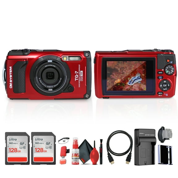 OM SYSTEM Tough TG-7 Digital Camera (Red) (V110030RU000) Bundle Including: 2x 128 GB Memory Card, Rechargeable Battery, Battery Charger, HDMI Cable, Card Reader, Hand Strap, Cap Keeper, Cleaning Kit