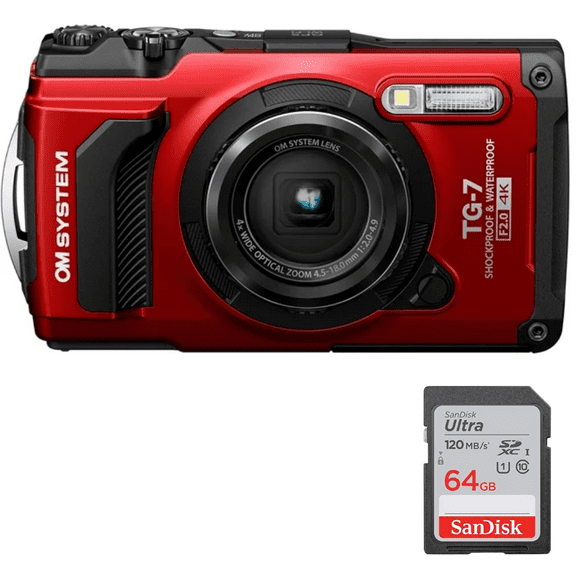 OM SYSTEM Tough TG-7 Digital Camera (Red) - w/ 64GB SD Card